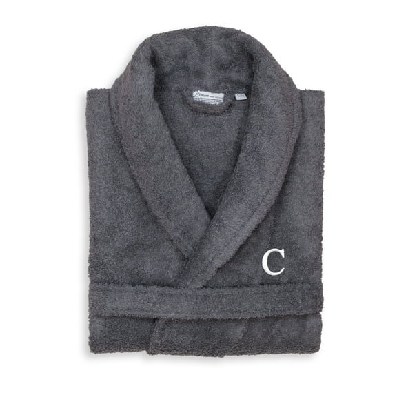 Authentic Hotel and Spa  Unisex Grey Turkish Cotton Terry Bath Robe with White Block Monogram C L/XL