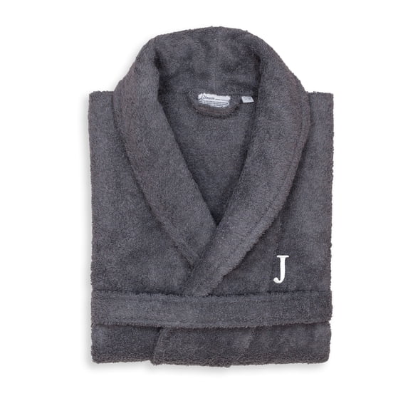 Authentic Hotel and Spa Unisex Grey Turkish Cotton Terry Bath Robe with White Block Monogram J S/M