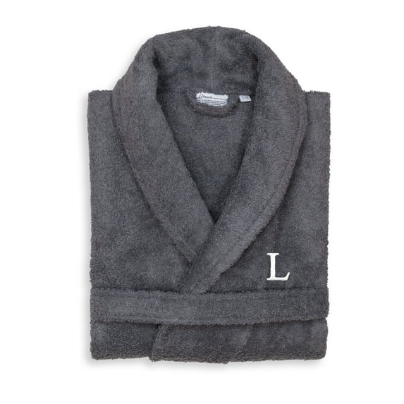 Authentic Hotel and Spa Unisex Grey Turkish Cotton Terry Bath Robe with White Block Monogram L L/XL