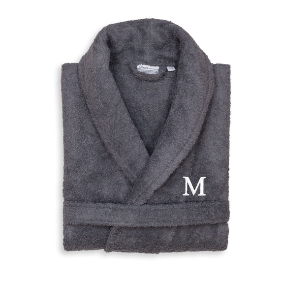 Authentic Hotel and Spa Unisex Grey Turkish Cotton Terry Bath Robe with White Block Monogram M L/XL