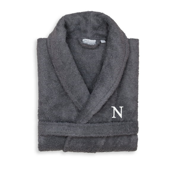 Authentic Hotel and Spa Unisex Grey Turkish Cotton Terry Bath Robe with White Block Monogram N L/XL