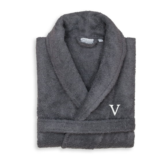 Authentic Hotel and Spa  Unisex Grey Turkish Cotton Terry Bath Robe with White Block Monogram V S/M