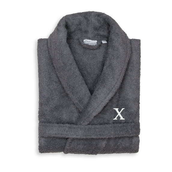 Authentic Hotel and Spa Unisex Grey Turkish Cotton Terry Bath Robe with White Block Monogram X S/M