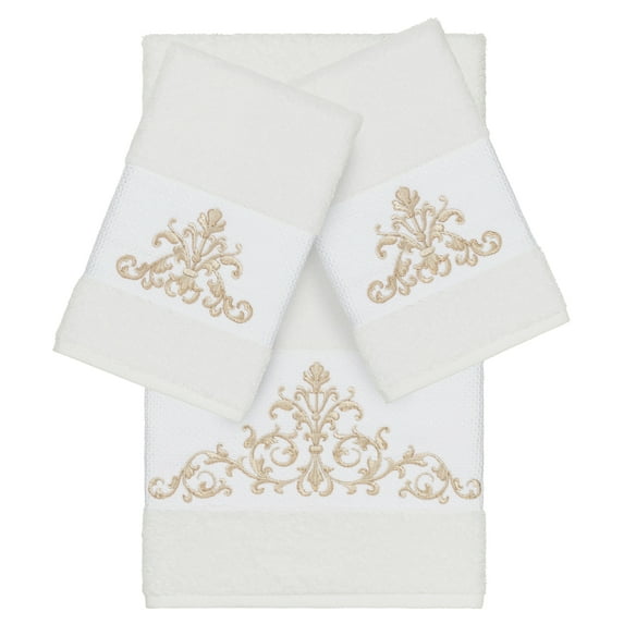 Authentic Hotel and Spa White Turkish Cotton Scrollwork Embroidered 3 piece Towel Set