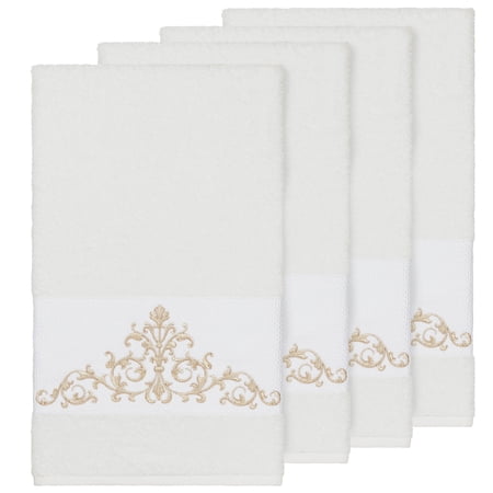 Authentic Hotel and Spa White Turkish Cotton Scrollwork Embroidered Bath Towels (Set of 4)
