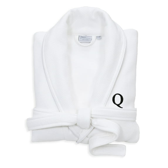 Authentic Hotel and Spa White Unisex Turkish Cotton Waffle Weave Terry Bath Robe with Black Block Monogram Q L/XL