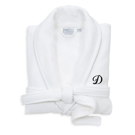 Authentic Hotel and Spa White Unisex Turkish Cotton Waffle Weave Terry Bath Robe with Black Script Monogram D L/XL