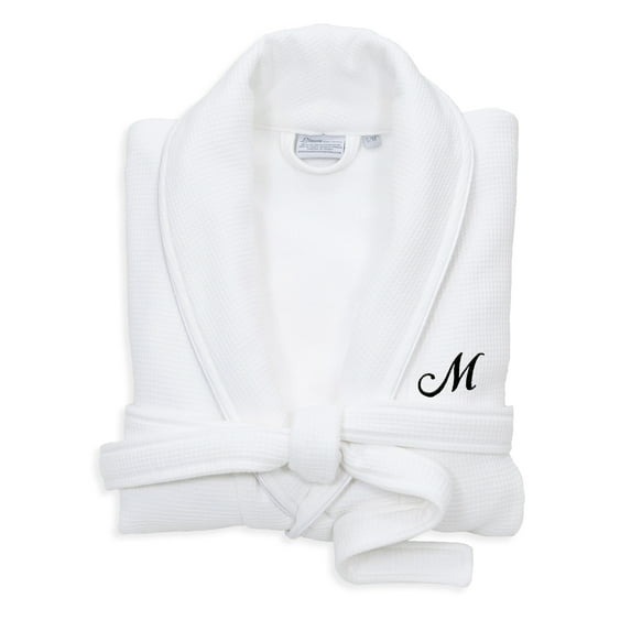 Authentic Hotel and Spa White Unisex Turkish Cotton Waffle Weave Terry Bath Robe with Black Script Monogram M S/M
