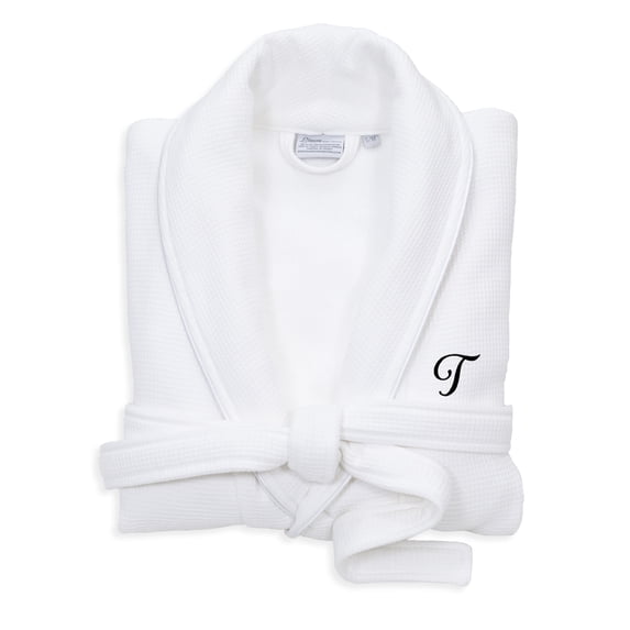 Authentic Hotel and Spa White Unisex Turkish Cotton Waffle Weave Terry Bath Robe with Black Script Monogram T S/M