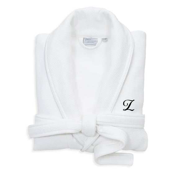 Authentic Hotel and Spa White Unisex Turkish Cotton Waffle Weave Terry Bath Robe with Black Script Monogram Z S/M
