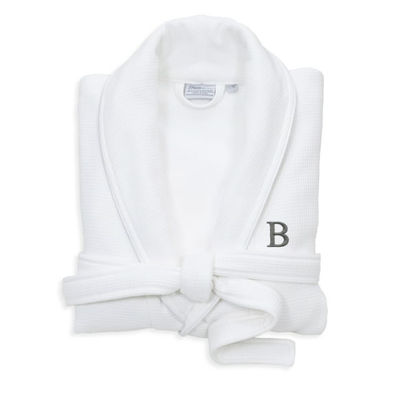 Authentic Hotel and Spa White Unisex Turkish Cotton Waffle Weave Terry Bath Robe with Grey Block Monogram B S/M