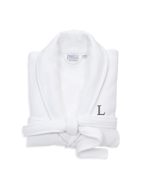 Authentic Hotel and Spa White Unisex Turkish Cotton Waffle Weave Terry Bath Robe with Grey Block Monogram L S/M