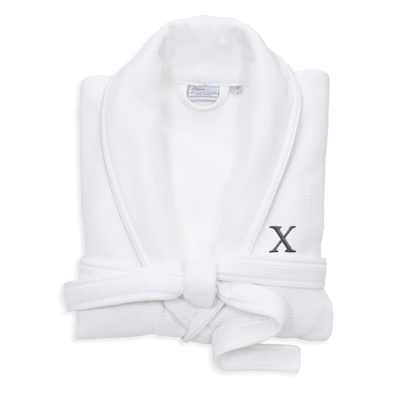 Authentic Hotel and Spa White Unisex Turkish Cotton Waffle Weave Terry Bath Robe with Grey Block Monogram X S/M