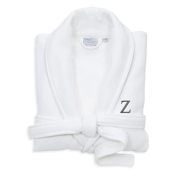 Authentic Hotel and Spa White Unisex Turkish Cotton Waffle Weave Terry Bath Robe with Grey Block Monogram Z S/M
