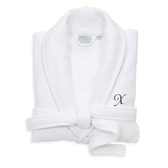 Authentic Hotel and Spa White Unisex Turkish Cotton Waffle Weave Terry Bath Robe with Grey Script Monogram X L/XL