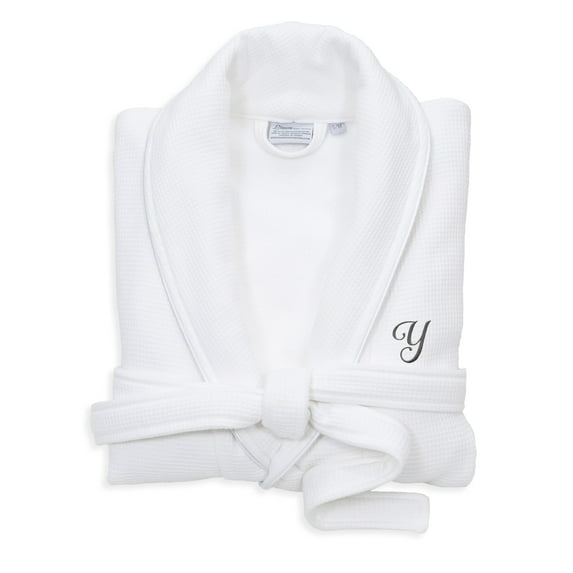 Authentic Hotel and Spa White Unisex Turkish Cotton Waffle Weave Terry Bath Robe with Grey Script Monogram Y S/M