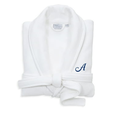 Authentic Hotel and Spa  White Unisex Turkish Cotton Waffle Weave Terry Bath Robe with Navy Script Monogram D S/M