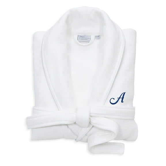Authentic Hotel and Spa  White Unisex Turkish Cotton Waffle Weave Terry Bath Robe with Navy Script Monogram D S/M