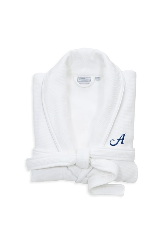 Authentic Hotel and Spa White Unisex Turkish Cotton Waffle Weave Terry Bath Robe with Navy Script Monogram D S/M