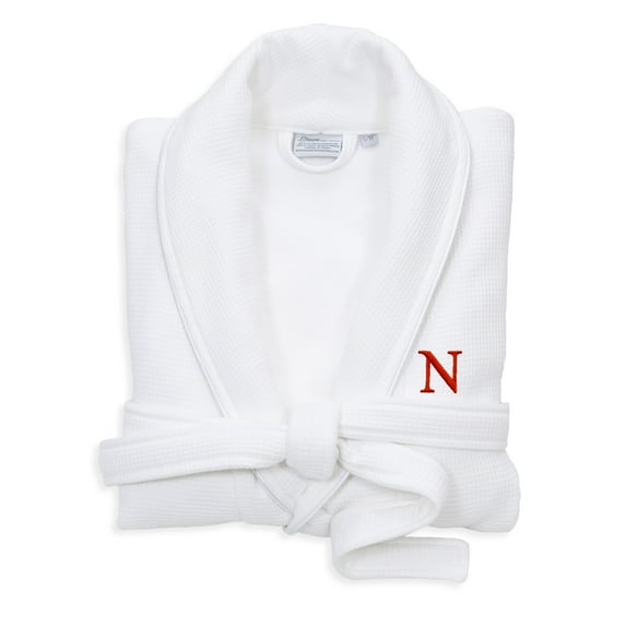 Authentic Hotel and Spa White Unisex Turkish Cotton Waffle Weave Terry Bath Robe with Red Block Monogram N L/XL
