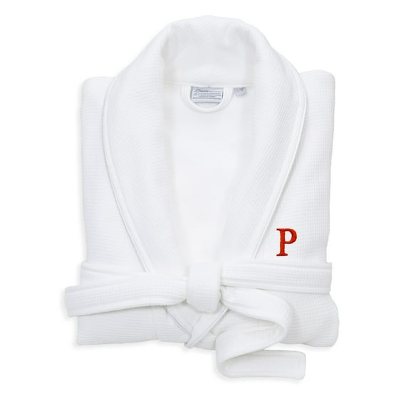 Authentic Hotel and Spa White Unisex Turkish Cotton Waffle Weave Terry Bath Robe with Red Block Monogram P S/M