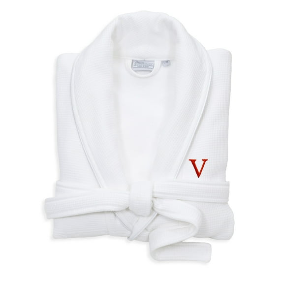 Authentic Hotel and Spa White Unisex Turkish Cotton Waffle Weave Terry Bath Robe with Red Block Monogram V S/M