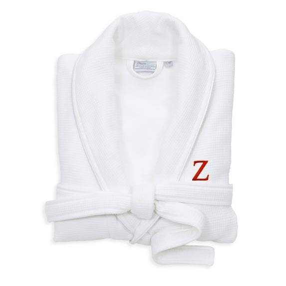Authentic Hotel and Spa White Unisex Turkish Cotton Waffle Weave Terry Bath Robe with Red Block Monogram Z S/M