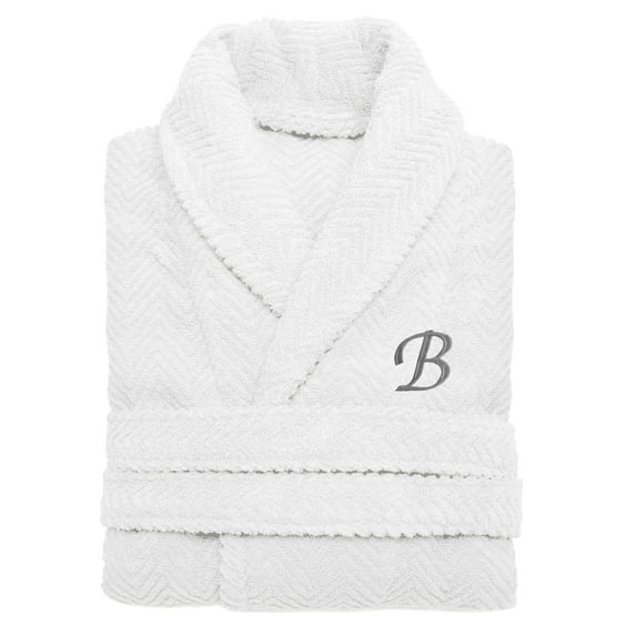 Authentic Hotel and Spa White with Grey Monogrammed Herringbone Weave Turkish Cotton Unisex Bath Robe B L/XL
