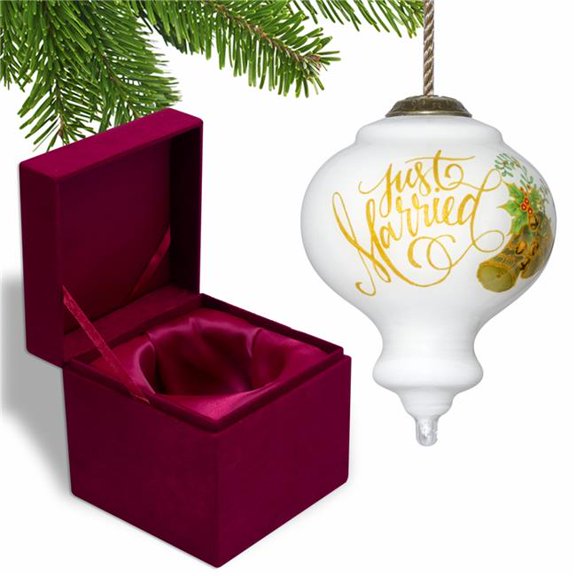 Authentic Just Married Hand Painted Mouth Blown Glass Ornament, Multi Color
