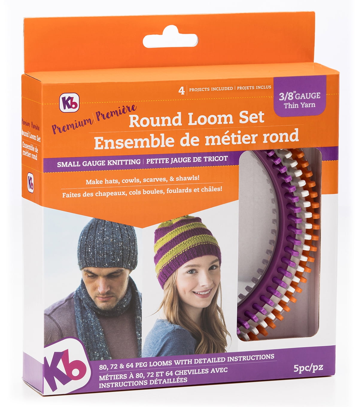 K&B Authentic Knitting Board Premium' Round Loom Set: 3 Knitting Looms, Small Gauge, 3 Projects and Instructions