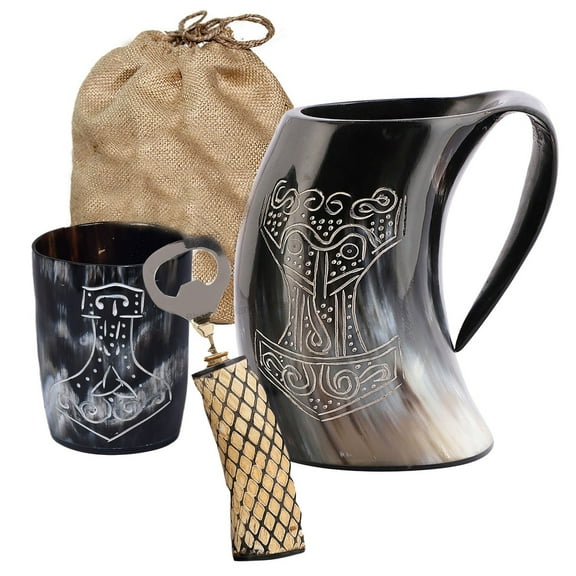 Authentic Medieval Viking Drinking Horn Mug | Whiskey Cup | Bottle Opener With Jute Bag | Game of thrones Tankard For Beer, Mead, Wine, Ale, Cold and Hot Liquids Tea, Coffee (4 Pcs Set Thor)