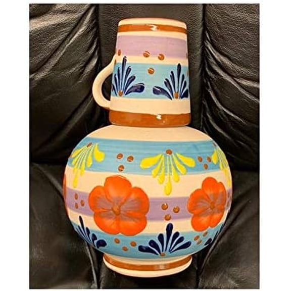 Authentic Mexican Clay Carafe and Cantarito Set, Hand Painted Artisan Design, Temperature Retention, 12x8.5 inches, Brown$$Home Decor, Kitchen, & Other