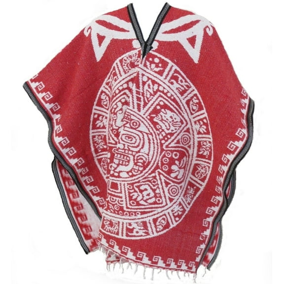 Authentic Mexican Reversible Poncho Blanket Red & White Aztec Calendar Design