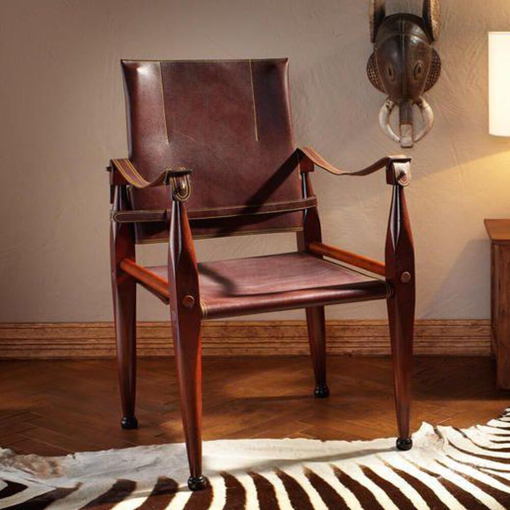 Handcrafted Honey Distressed Leather Campaign Chair with Maple Wood