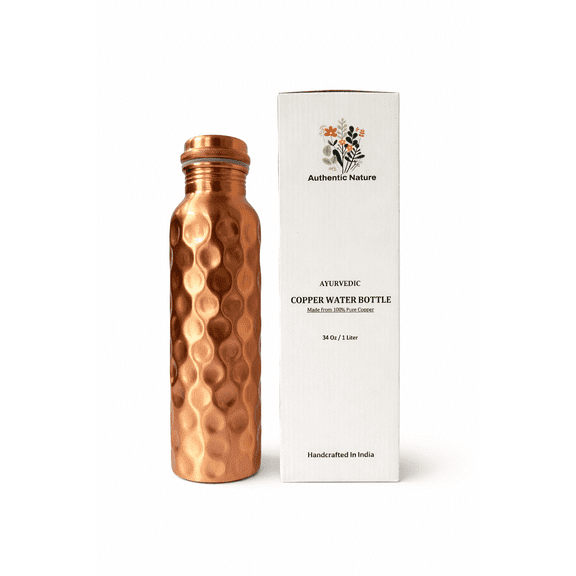 Authentic Nature Ayurvedic Copper Water Bottle, Pure Copper, 1 Litre/34 Oz, Diamond Design, With Health Benefits, Handcrafted in India