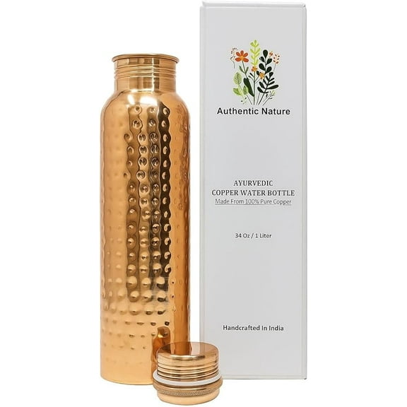 Authentic Nature Ayurvedic Copper Water Bottle, Pure Copper, 1 Litre/34 Oz, Hammered Design, Handcrafted in India