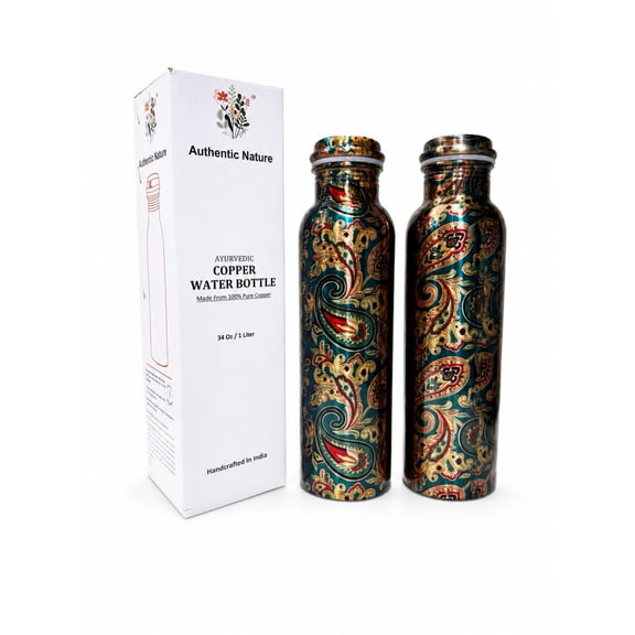 Authentic Nature Ayurvedic Copper Water Bottle, Pure Copper, 1 Litre/34 Oz, Multicolor Designer, With Health Benefits, Handcrafted in India (Pack of 2 Bottles)