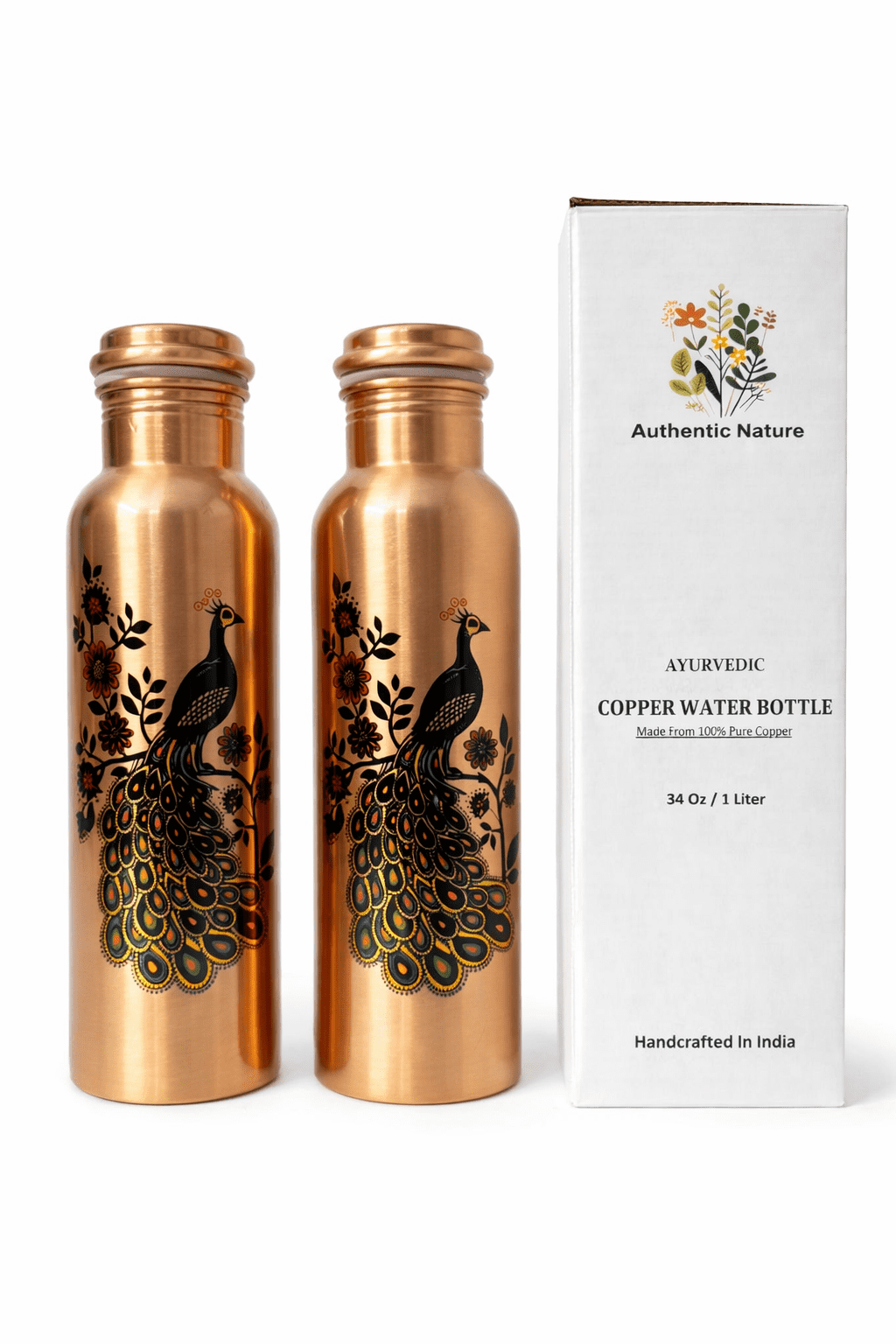 Authentic Nature Ayurvedic Copper Water Bottle, Pure Copper, 1 Litre/34 Oz, Peacock Design , With Health Benefits, Handcrafted in India (Pack of 2 Bottles)