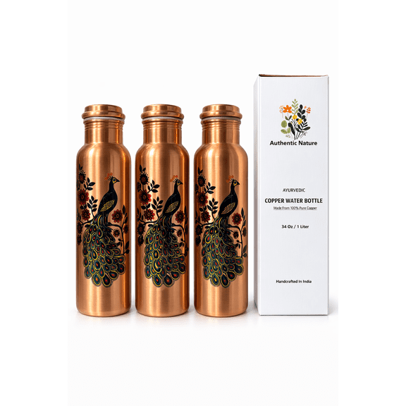 Authentic Nature Ayurvedic Copper Water Bottle, Pure Copper, 1 Litre/34 Oz, Peacock Design , With Health Benefits, Handcrafted in India (Pack of 3 Bottles)