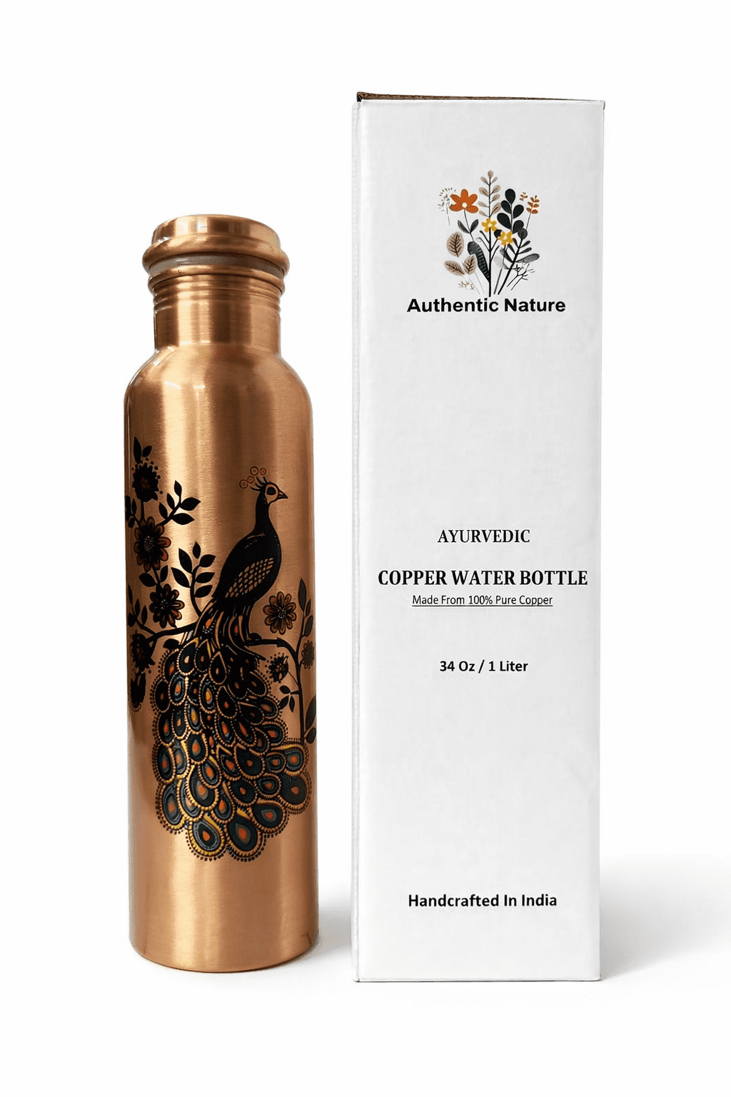 Authentic Nature Ayurvedic Copper Water Bottle, Pure Copper, 1 Litre/34 Oz, Peacock Design , With Health Benefits, Handcrafted in India