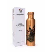 Authentic Nature Ayurvedic Copper Water Bottle, Pure Copper, 1 Litre/34 Oz, Peacock Design , With Health Benefits, Handcrafted in India