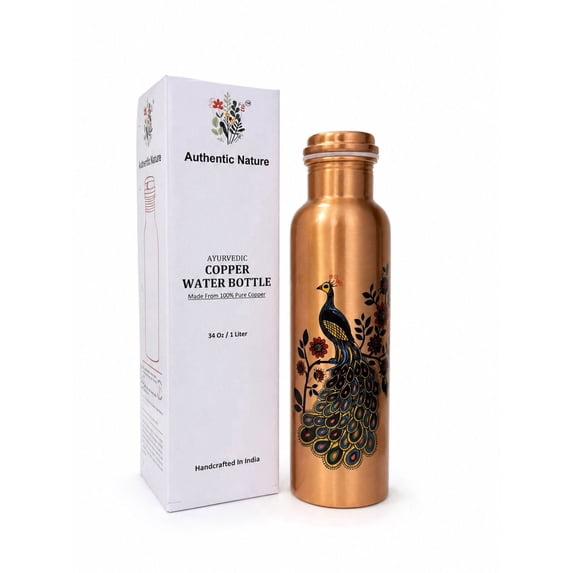 Authentic Nature Ayurvedic Copper Water Bottle, Pure Copper, 1 Litre/34 Oz, Peacock Design , With Health Benefits, Handcrafted in India