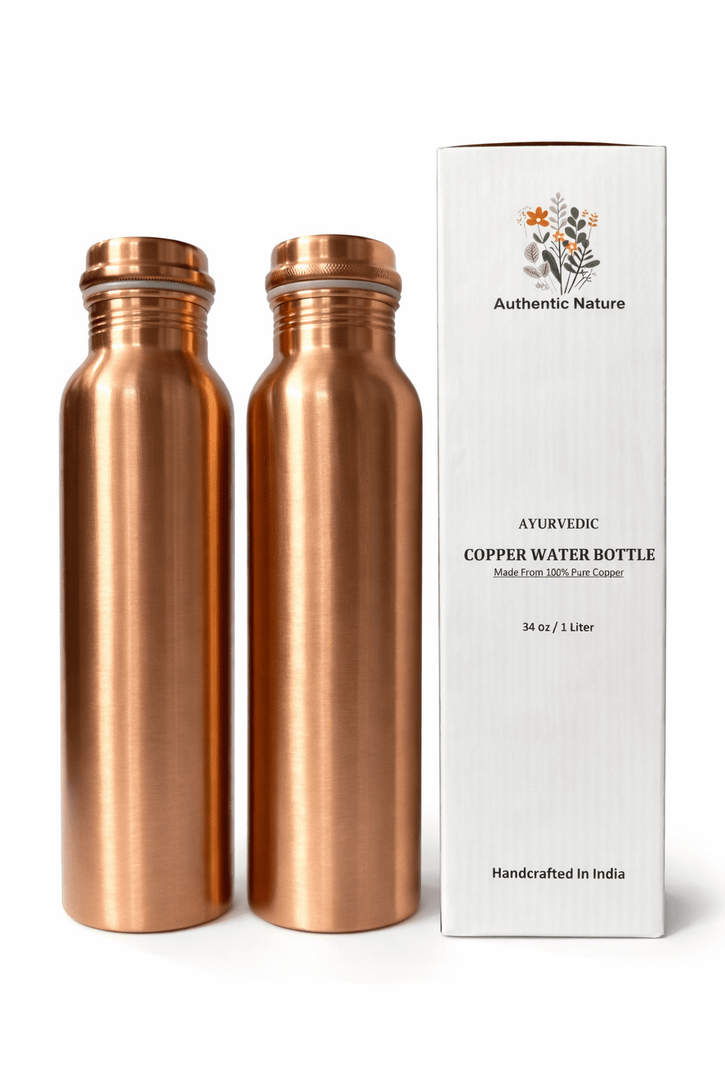 Authentic Nature Ayurvedic Copper Water Bottle, Pure Copper, 1 Litre/34 Oz, Plain, With Health Benefits, Handcrafted in India (Pack of 2 Bottles)