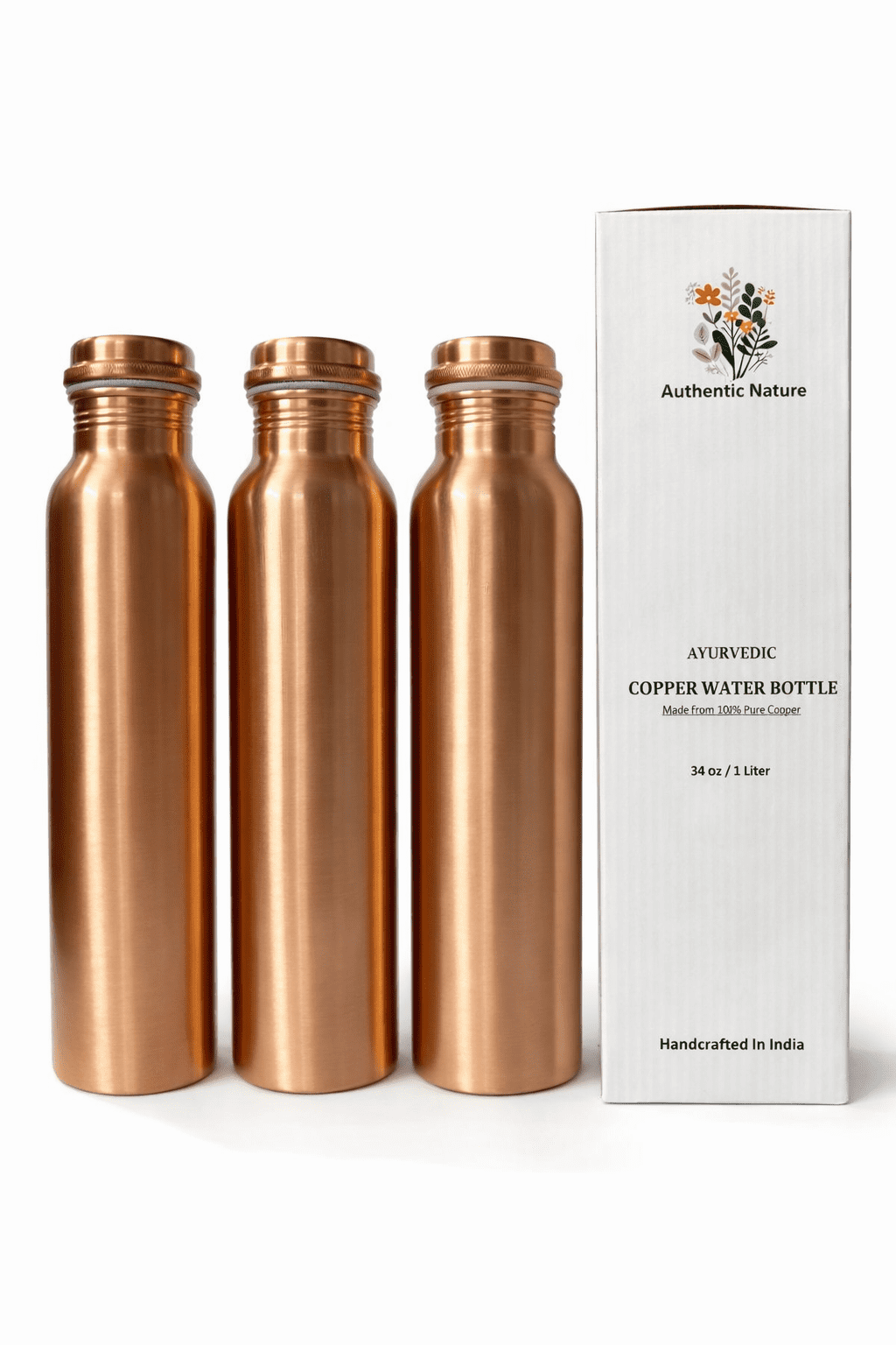 Authentic Nature Ayurvedic Copper Water Bottle, Pure Copper, 1 Litre/34 Oz, Plain, With Health Benefits, Handcrafted in India (Pack of 3 Bottles)