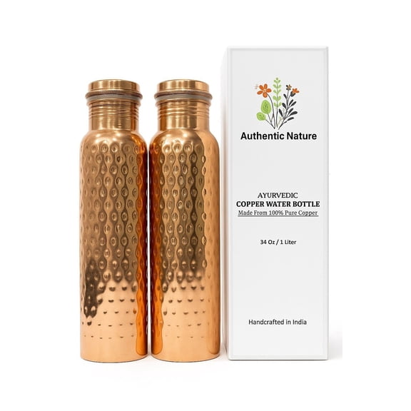 Authentic Nature Pure Copper Water Bottle, 1 Litre Ayurvedic Design, Hammered Finish, Leak-Proof Cap, Handcrafted in India for Daily Hydration and Wellness (Pack of 2 Bottles)