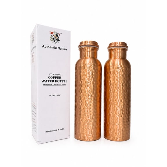 Authentic Nature Pure Copper Water Bottle, 1 Litre Ayurvedic Design, Hammered Finish, Leak-Proof Cap, Handcrafted in India for Daily Hydration and Wellness (Pack of 2 Bottles)