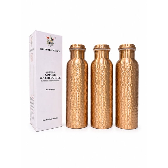 Authentic Nature Pure Copper Water Bottle, 1 Litre Ayurvedic Design, Hammered Finish, Leak-Proof Cap, Handcrafted in India for Daily Hydration and Wellness (Pack of 3 Bottles)