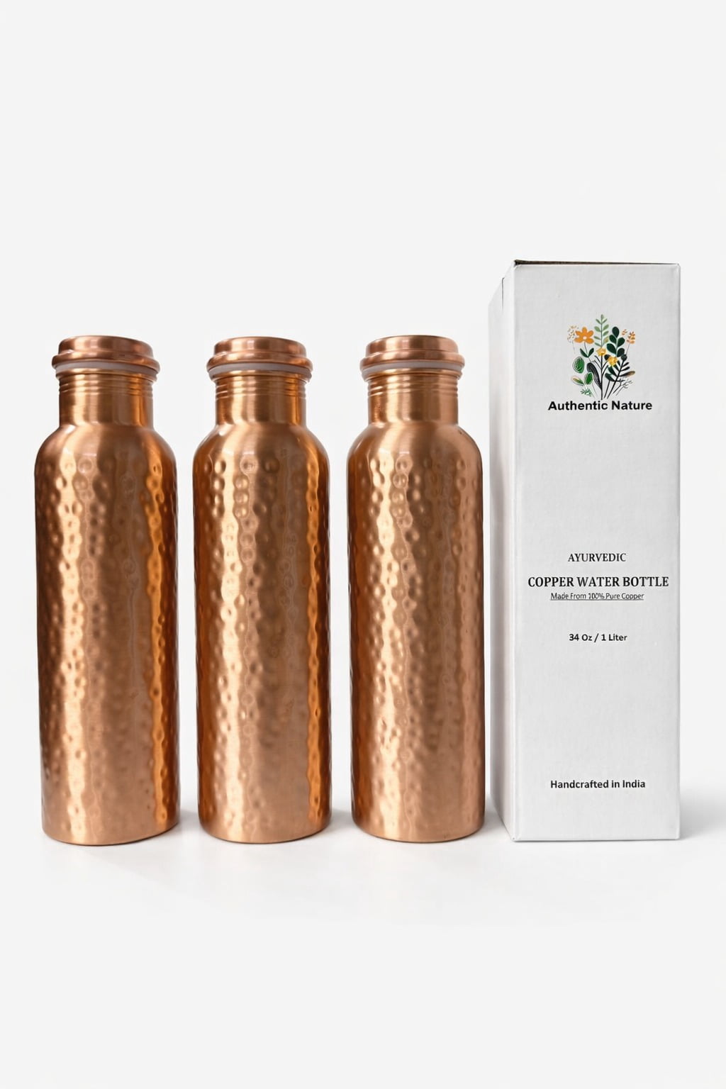 Authentic Nature Pure Copper Water Bottle, 1 Litre Ayurvedic Design, Hammered Finish, Leak-Proof Cap, Handcrafted in India for Daily Hydration and Wellness (Pack of 3 Bottles)