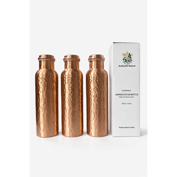 Authentic Nature Pure Copper Water Bottle, 1 Litre Ayurvedic Design, Hammered Finish, Leak-Proof Cap, Handcrafted in India for Daily Hydration and Wellness (Pack of 3 Bottles)