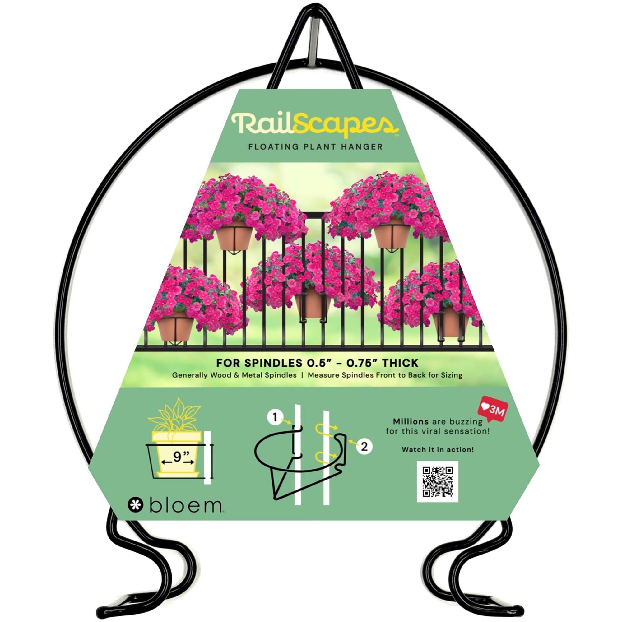 Bloem RailScapes Adjustable Floating Planter Hanger, Fits 0.5-0.75 Balcony Railing Spindles, 1-Pack
